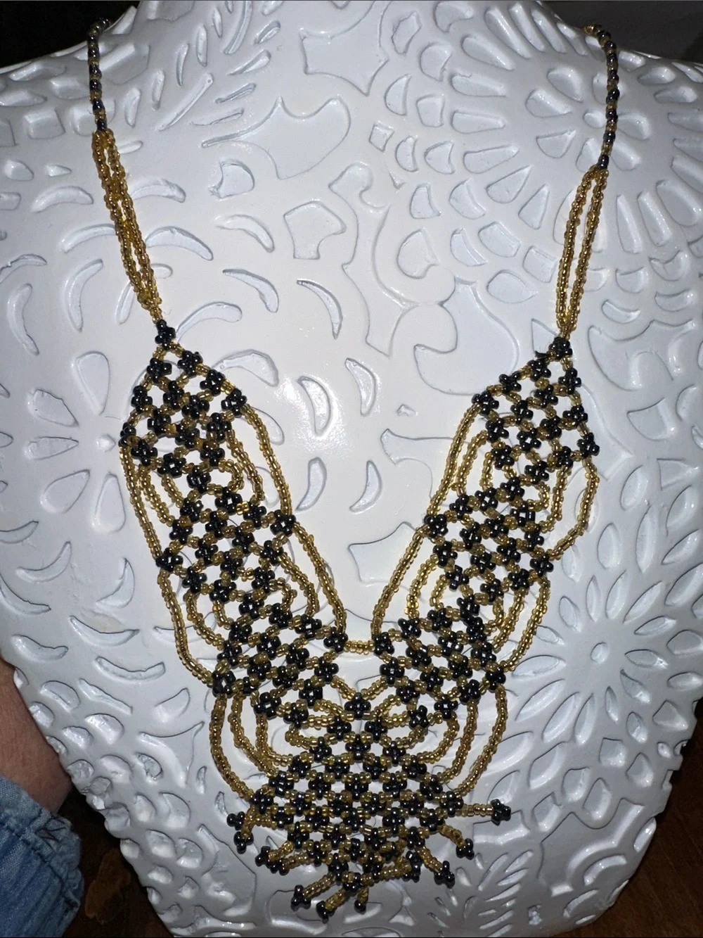 Handmade Antique Gold & Black Seed Bead Statement Necklace - Picture 4 of 7